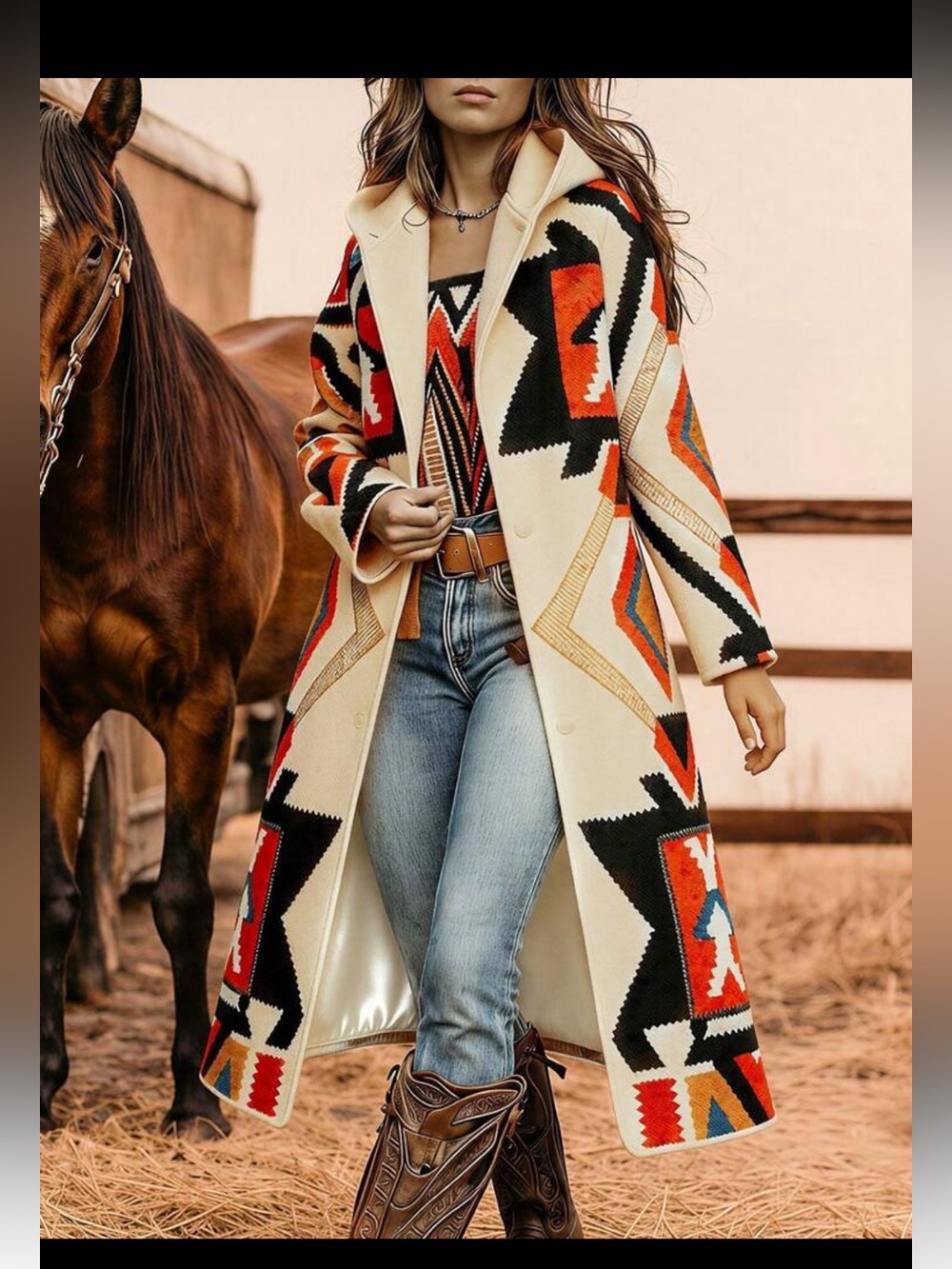 New Cream Navajo-Inspired Long Coat with Red & Black Geometric Print